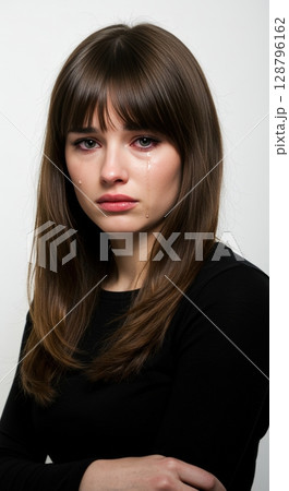 Heartbroken young woman crying with tears running down her face in a sad studio portrait 128796162