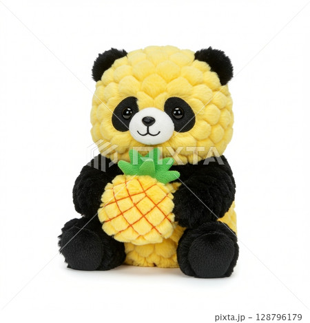 Cute stuffed pineapple panda bear plush toy holding a fruit isolated on white background 128796179