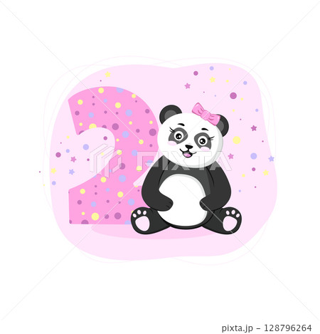 Second Birthday card with panda girl. Birthday invitation for girl 2 year. Baby shower banner with cute panda for baby banner, baby shower invitation, birthday card, social media, wallpaper, website.  128796264