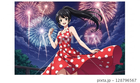 花火背景に女の子 128796567