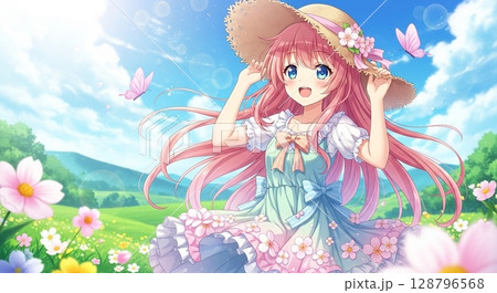女の子が花畑にいる 128796568