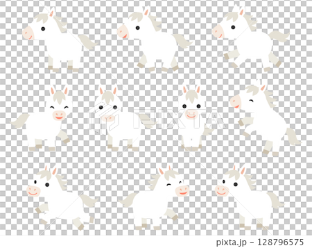 Illustration set of deformed white horse characters 128796575