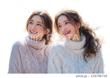 【背景透過】　秋の旅行を楽しむ二人の女性の切り抜きイラスト素材 128796726