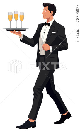 Waiter Serving Champagne Glasses Tray Waiter Serving Champagne Glasses Tray 128796878