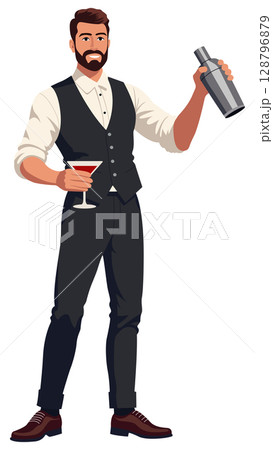 Bartender Holding Shaker Martini Smiling 128796879