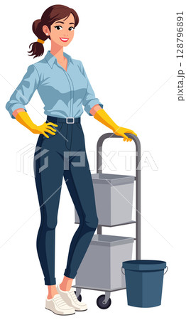 Cleaner Woman Standing Cleaning Supplies 128796891