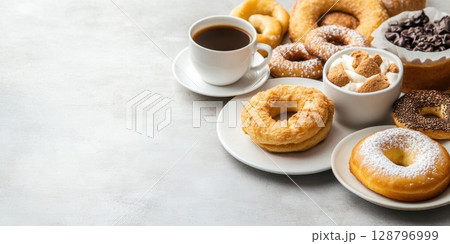 Delicious Donuts and Coffee Create a Sweet Treat with Morning Delight and Tasty Breakfast. 128796999
