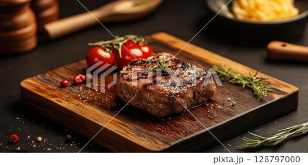Savor Grilled Steak Serve with Cherry Tomato on Wood Board. Delicacy Concept 128797000