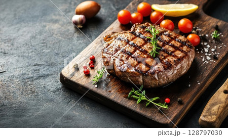 Enjoy delicious steak on wood With Fresh Garnishes and Seasoning. Add gourmet concept. 128797030