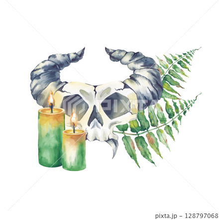 A hand-drawn watercolor composition isolated on a white background. An imaginary horned skull with green fern leaves and lighted candles. A template for witchcraft and Halloween. 128797068