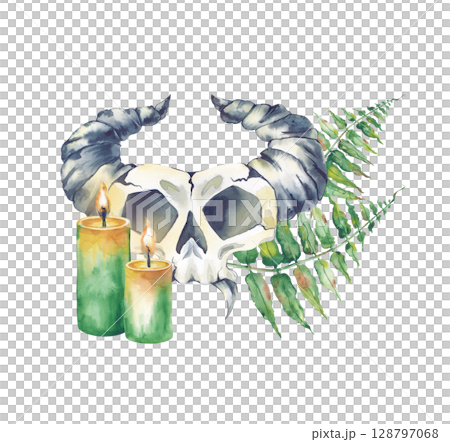 A hand-drawn watercolor composition isolated on a white background. An imaginary horned skull with green fern leaves and lighted candles. A template for witchcraft and Halloween. 128797068