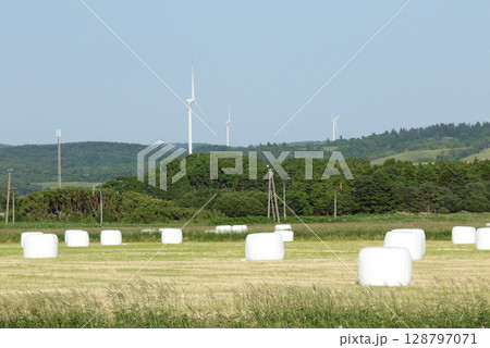 北海道名物発電風車と牧草ロール　牧草ロール　ロールベールラップサイロ 128797071