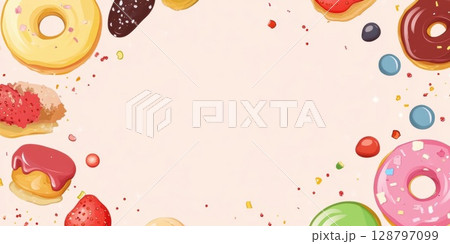 Colorful Donuts and Candies Create a Festive Border with Sweet Design 128797099