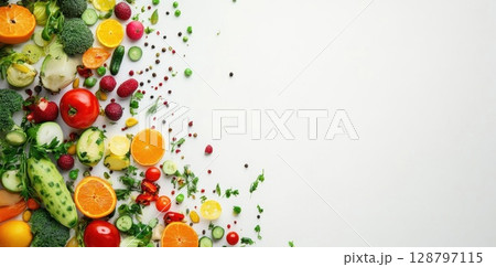 Display a colorful fresh vegetables and fruit, flat lay concept. Display a colorful fresh vegetables and fruit, flat lay concept. 128797115