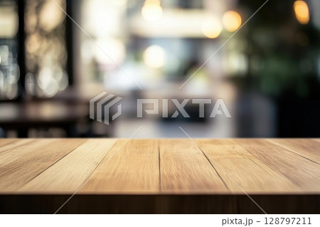 Wooden Table Surface with a Blurred Cafe Background for Product Mockups Wooden Table Surface with a Blurred Cafe Background for Product Mockups 128797211