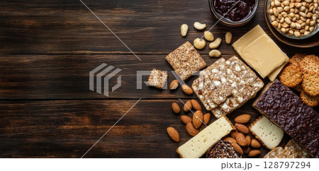 Delicious Snacks Spread on Wooden Table with Healthy Bites and Sweet Treats 128797294