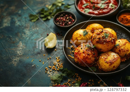 Enjoy Spicy Egg Dish in Dark Plate with Curry Theme Recipe 128797332