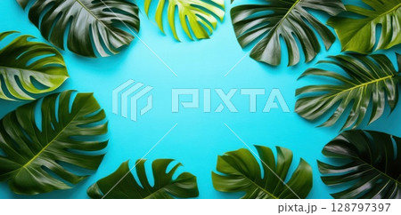 Tropical Monstera Leaves frame vibrant Blue backdrop with exotic leaf concept Tropical Monstera Leaves frame vibrant Blue backdrop with exotic leaf concept 128797397