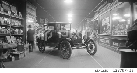 Vintage Car Displayed in a Showroom with Shops and History Vibe 128797413