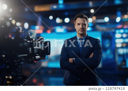 Professional Stands Confidently in Television Studio with Modern Technology and Live Broadcasting Equipment, Ready to Deliver News and Information on Current Events 128797418