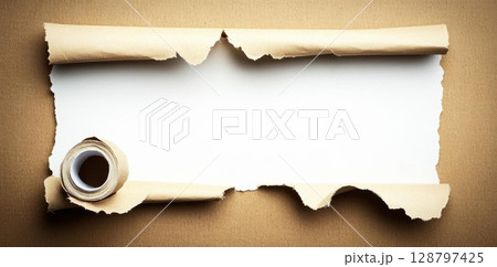 Unrolled Parchment Revealing The Blank Space With Edge Torn And Crumpled Surface. 128797425