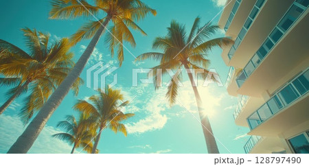 Palm Trees Reach for the Sky next to Building, a Tropical Getaway View 128797490