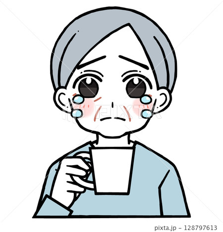 コップを持つ涙を流して泣く老人男性のイラスト 128797613