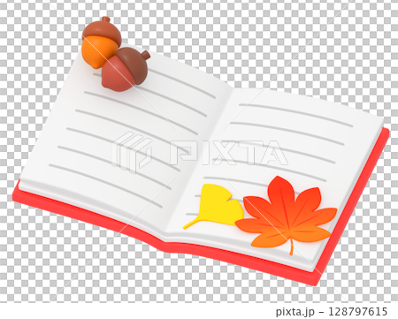 3D illustration of an open book with an acorn and autumn leaves 128797615