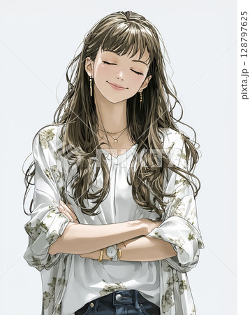 笑顔でうなずくビジネスウーマンのイラスト素材　腕組み 128797625