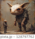 Surreal Post Apocalyptic Fantasy Creatures Alien Parent and Child on Leash in Desert Setting 128797762