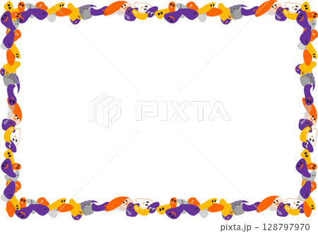 おばけたちのカラフルなフレーム・線画・ゴースト・背景透過・黄色・紫・かぼちゃ色 128797970