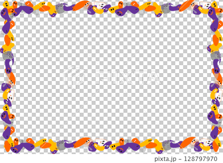 おばけたちのカラフルなフレーム・線画・ゴースト・背景透過・黄色・紫・かぼちゃ色 128797970