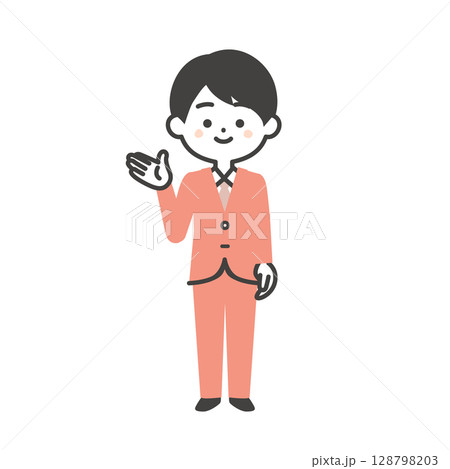 手で指すスーツ姿の3頭身男性イラスト 128798203