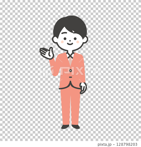 手で指すスーツ姿の3頭身男性イラスト 128798203