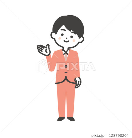 手で指すスーツ姿の3頭身男性イラスト 手で指すスーツ姿の3頭身男性イラスト 128798204