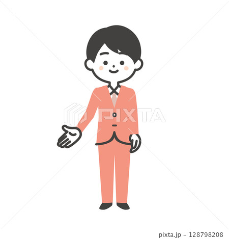 下方向を指すスーツ姿の3頭身男性イラスト 128798208