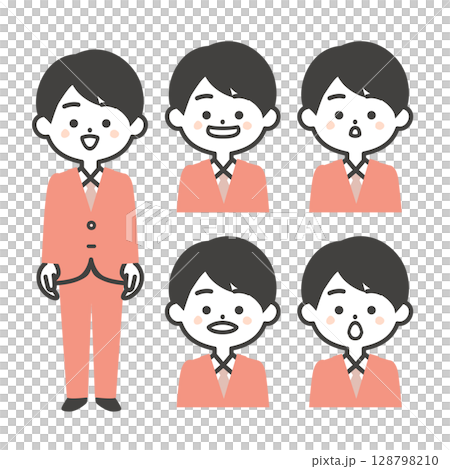 スーツ姿の3頭身男性あいうえおの口の形イラスト スーツ姿の3頭身男性あいうえおの口の形イラスト 128798210