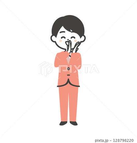 笑顔で拍手するスーツ姿の3頭身男性イラスト 128798220