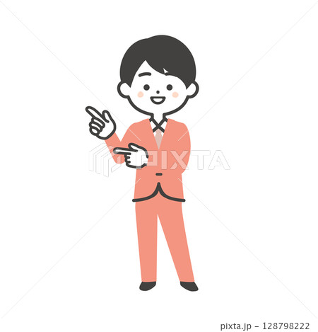 両手の指で指すスーツ姿の3頭身男性イラスト 128798222