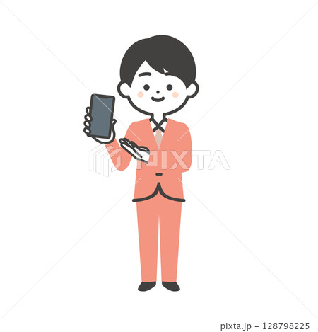 スマホを指すスーツ姿の3頭身男性イラスト 128798225