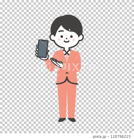 スマホを指すスーツ姿の3頭身男性イラスト 128798225