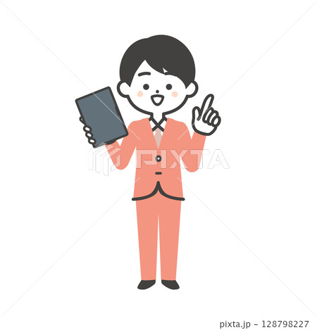 タブレットをもって指を立てるスーツ姿の3頭身男性イラスト 128798227