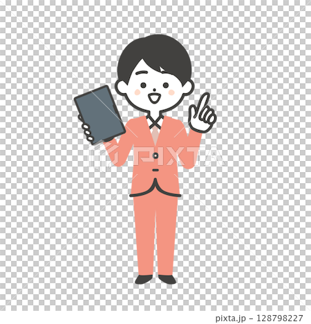 タブレットをもって指を立てるスーツ姿の3頭身男性イラスト 128798227