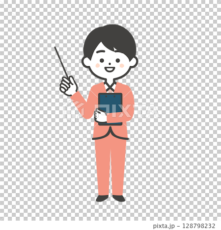 Illustration of a three-headed man in a suit holding a document and pointing with a pointer Illustration of a three-headed man in a suit holding a document and pointing with a pointer 128798232