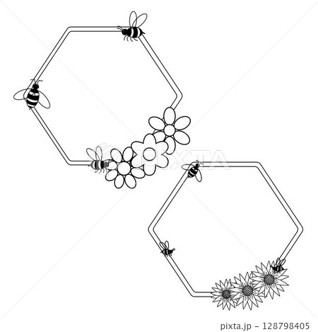 Black hexagon, honeycomb, bees Honey frame set. Vector graphic line illustration. Asset for photo collage, montage or clipping mask. Transparent background. Black hexagon, honeycomb, bees Honey frame set. Vector graphic line illustration. Asset for photo collage, montage or clipping mask. Transparent background. 128798405