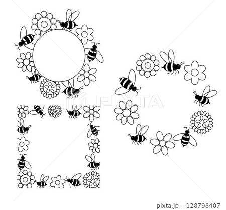 Black and white various flowers, bees Honey circle round square frame set. Vector graphic line illustration. Cute floral illustration for coloring pages, kids activities, and creative designs. 128798407