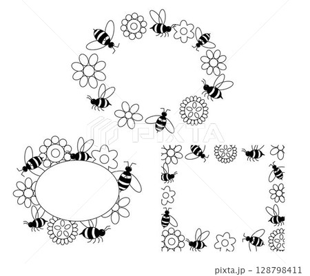 Wild flowers and bees Honey oval rectangle frame set. Vector graphic line illustration. Isolated meadow plants and leaves. Herbal engraved style illustration. Wild flowers and bees Honey oval rectangle frame set. Vector graphic line illustration. Isolated meadow plants and leaves. Herbal engraved style illustration. 128798411