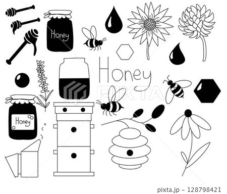 Honey set. Jars, bee, hive, spoon, honeycomb, clover, honeycomb. Honey set. Vector graphic line illustration. For poster, invitation, backdrop, ad, sale promotion, print for t-shirt Honey set. Jars, bee, hive, spoon, honeycomb, clover, honeycomb. Honey set. Vector graphic line illustration. For poster, invitation, backdrop, ad, sale promotion, print for t-shirt 128798421