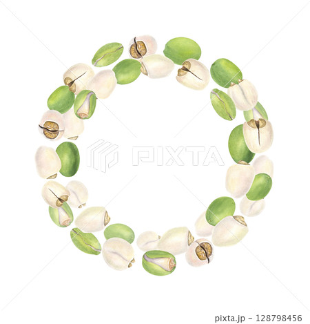 Protein rich peeled and unpeeled lotus seeds watercolor wreath isolated background. Water lily nuts or makhana illustration with empty space for text. Food packaging, vegan product label Protein rich peeled and unpeeled lotus seeds watercolor wreath isolated background. Water lily nuts or makhana illustration with empty space for text. Food packaging, vegan product label 128798456