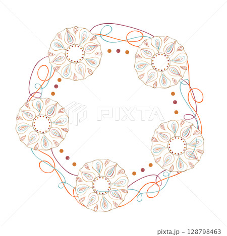 Traditional floral rangoli with colored ribbons watercolor wreath with empty space for text. Indian ornament illustration isolated on white background. Diwali mandala frame for greeting card. 128798463